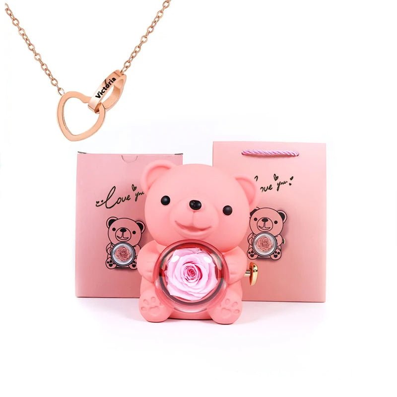 Eternal Rotating Rose Bear W/ Engraved Necklace - Sparkly Trees