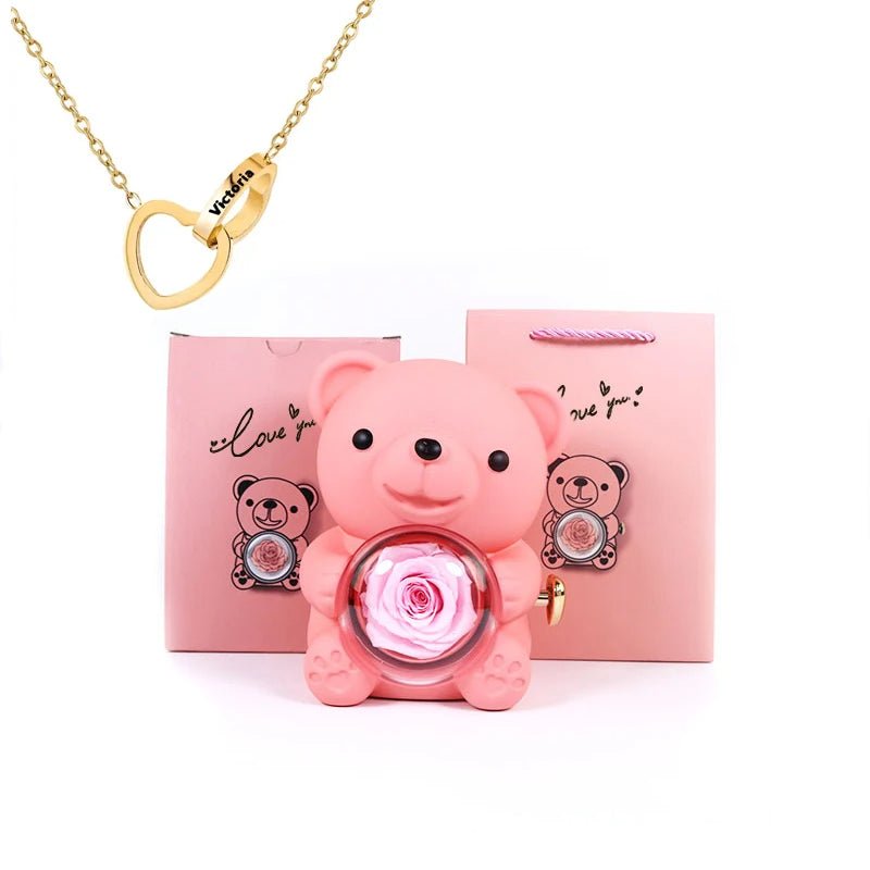 Eternal Rotating Rose Bear W/ Engraved Necklace - Sparkly Trees