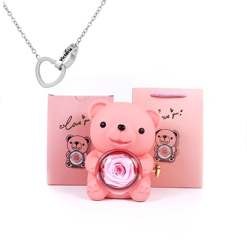 Eternal Rotating Rose Bear W/ Engraved Necklace - Sparkly Trees