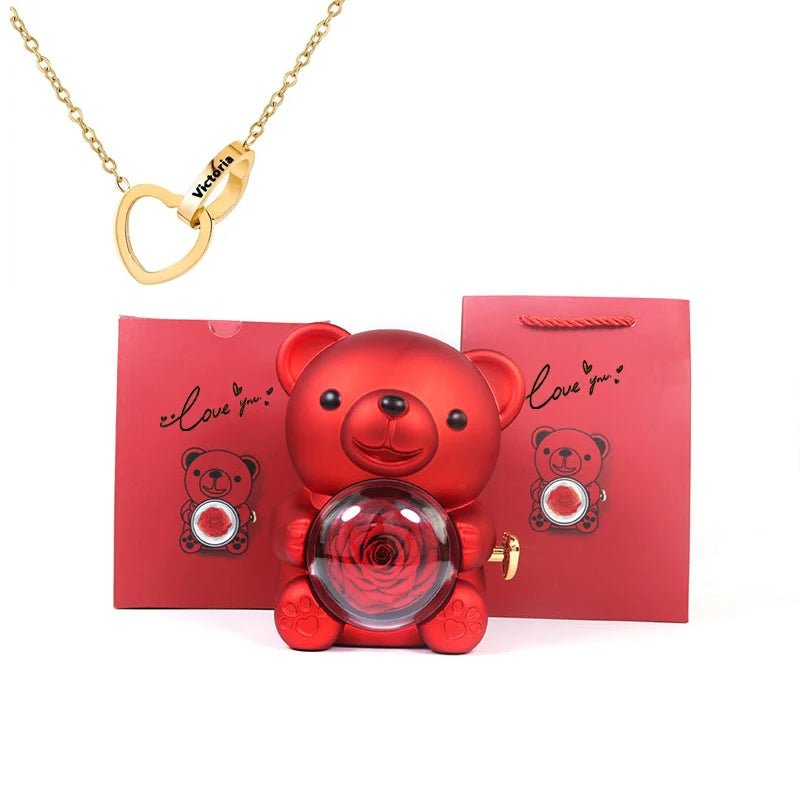 Eternal Rotating Rose Bear W/ Engraved Necklace - Sparkly Trees