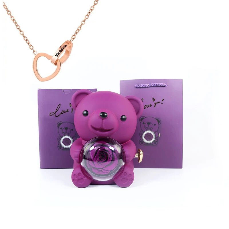 Eternal Rotating Rose Bear W/ Engraved Necklace - Sparkly Trees