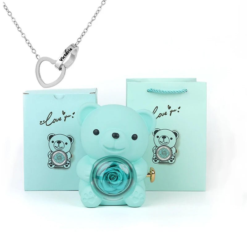 Eternal Rotating Rose Bear W/ Engraved Necklace - Sparkly Trees