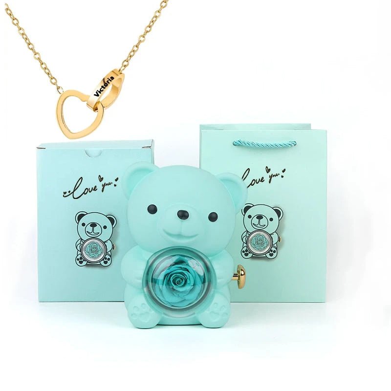 Eternal Rotating Rose Bear W/ Engraved Necklace - Sparkly Trees
