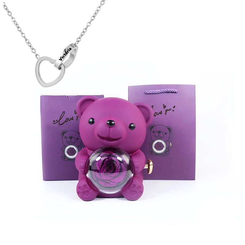 Eternal Rotating Rose Bear W/ Engraved Necklace - Sparkly Trees