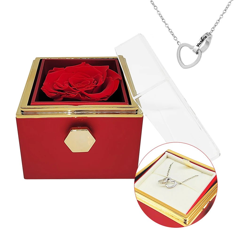 Eternal Rotating Rose Box W/ Engraved Necklace - Sparkly Trees