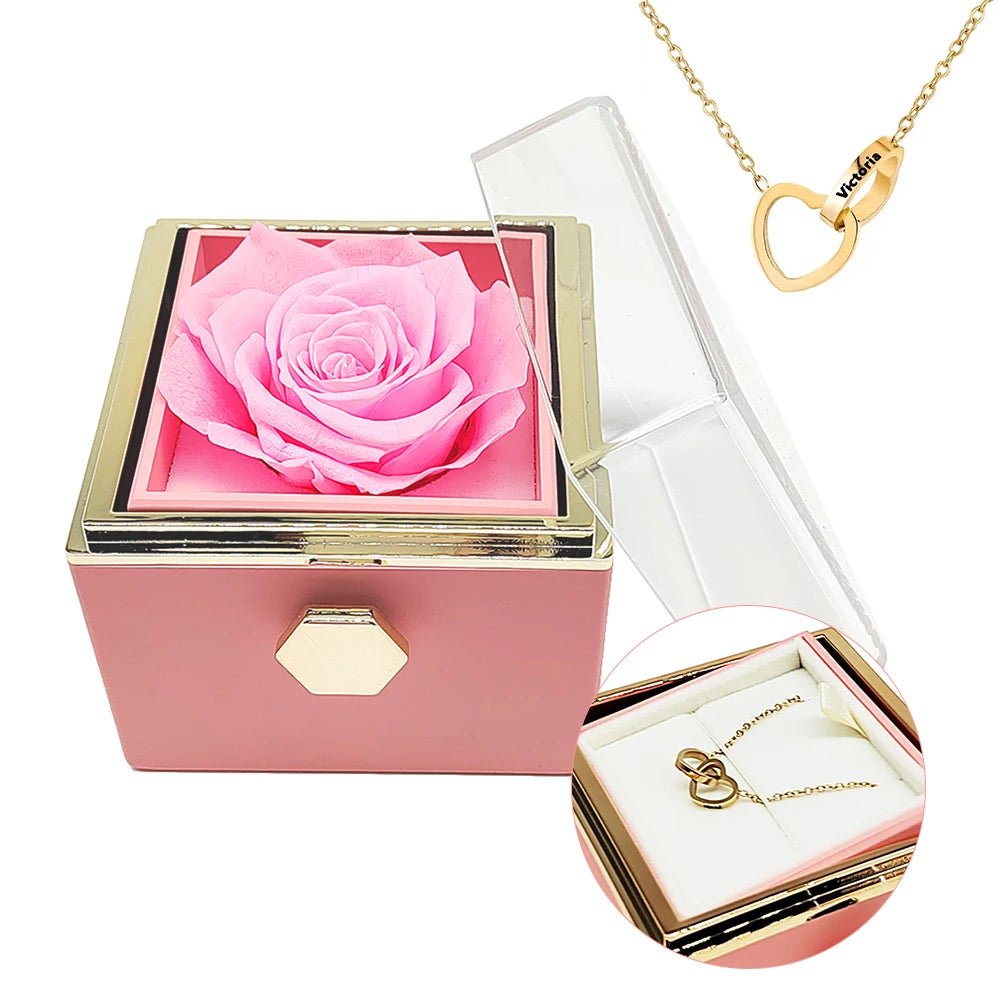 Eternal Rotating Rose Box W/ Engraved Necklace - Sparkly Trees