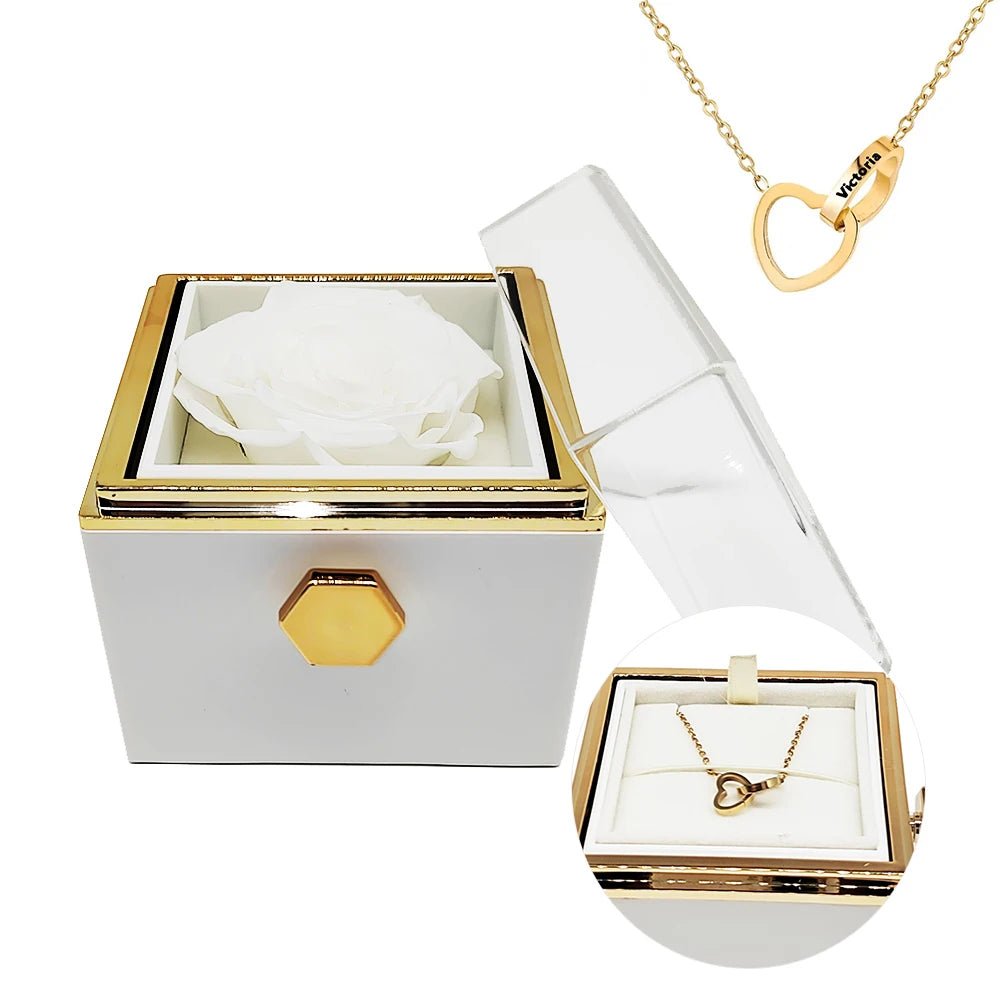 Eternal Rotating Rose Box W/ Engraved Necklace - Sparkly Trees