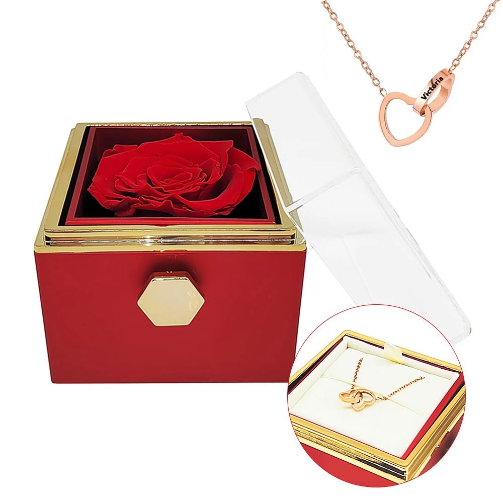 Eternal Rotating Rose Box W/ Engraved Necklace - Sparkly Trees