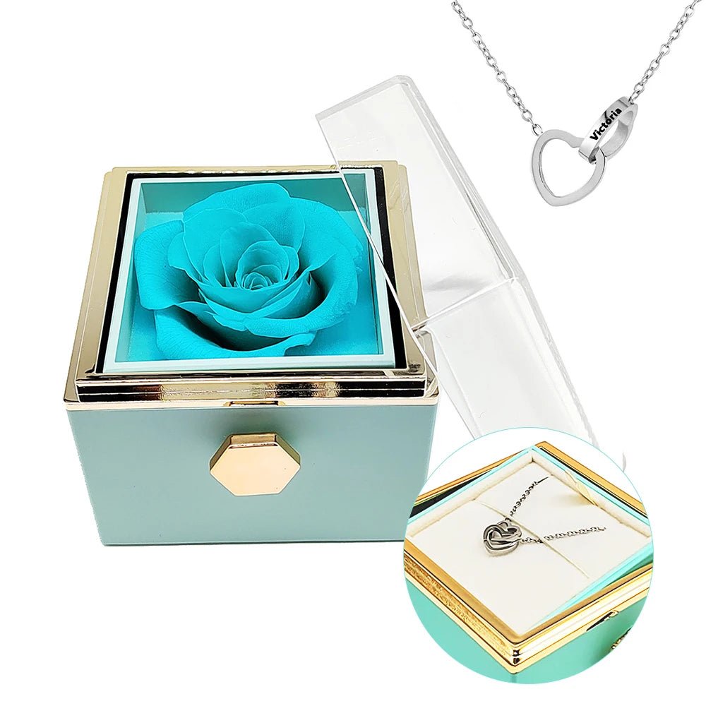 Eternal Rotating Rose Box W/ Engraved Necklace - Sparkly Trees