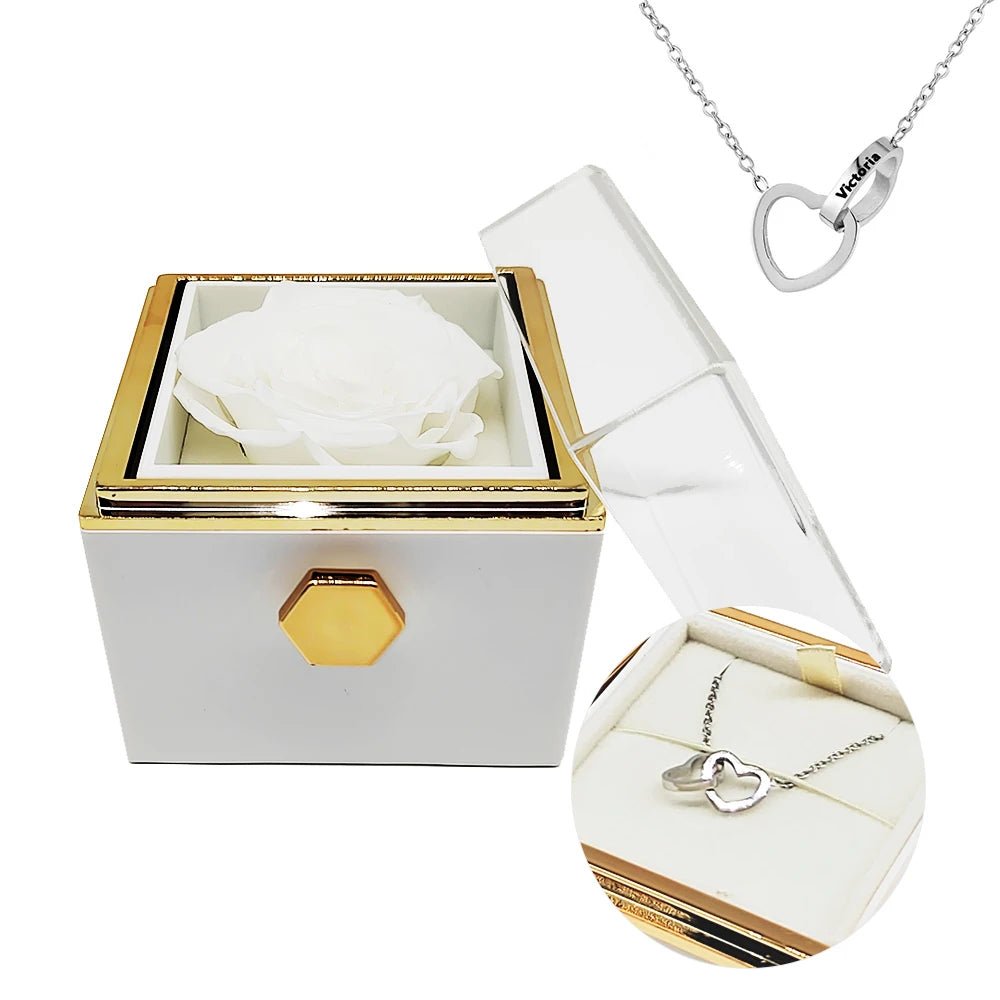 Eternal Rotating Rose Box W/ Engraved Necklace - Sparkly Trees