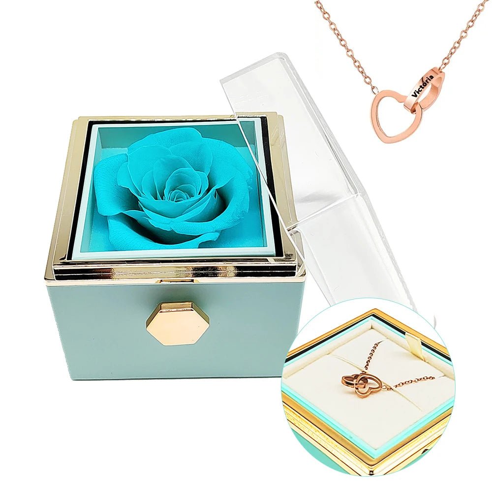 Eternal Rotating Rose Box W/ Engraved Necklace - Sparkly Trees