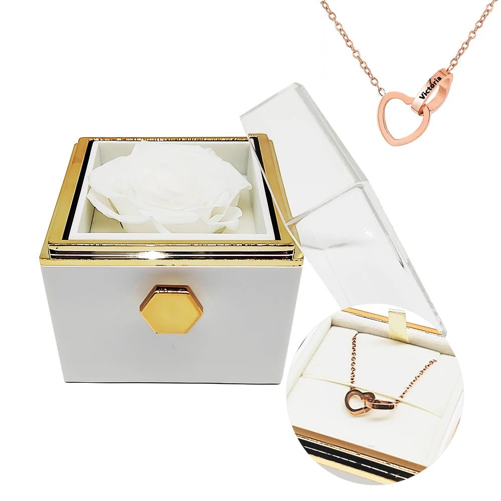 Eternal Rotating Rose Box W/ Engraved Necklace - Sparkly Trees