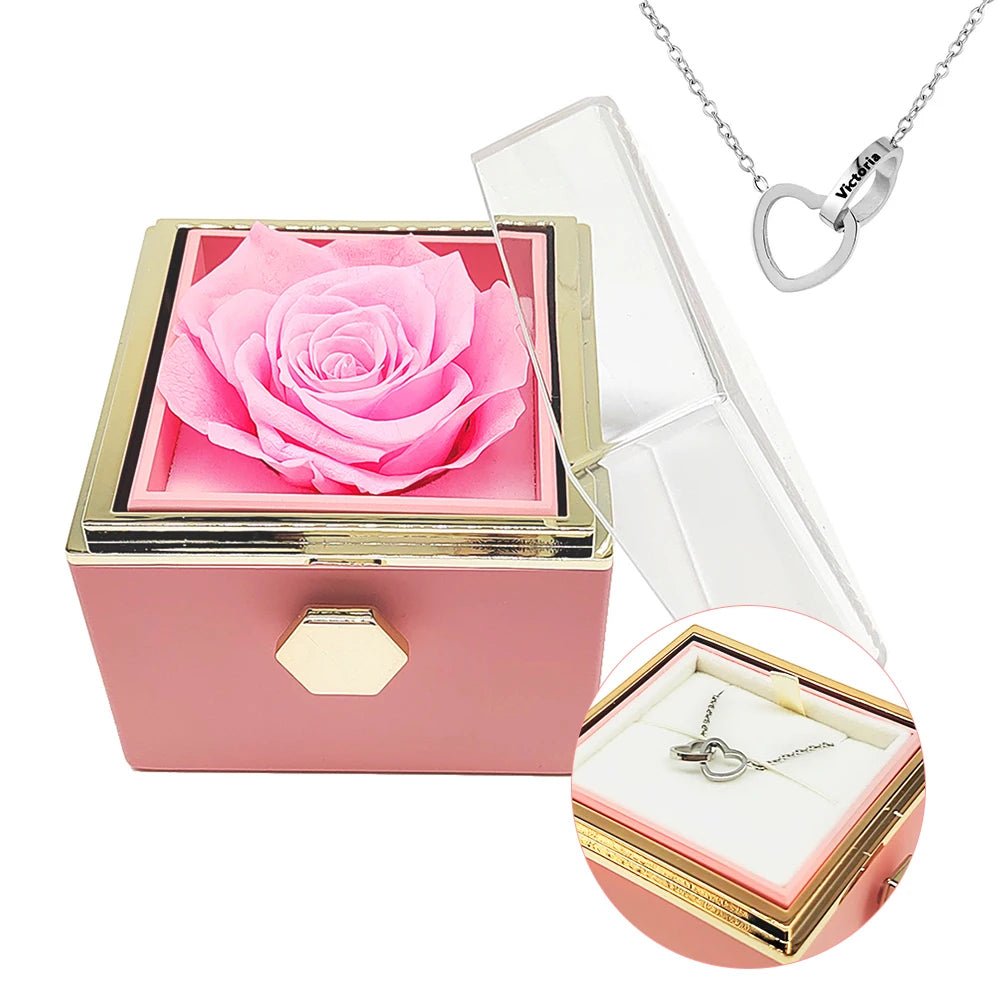 Eternal Rotating Rose Box W/ Engraved Necklace - Sparkly Trees