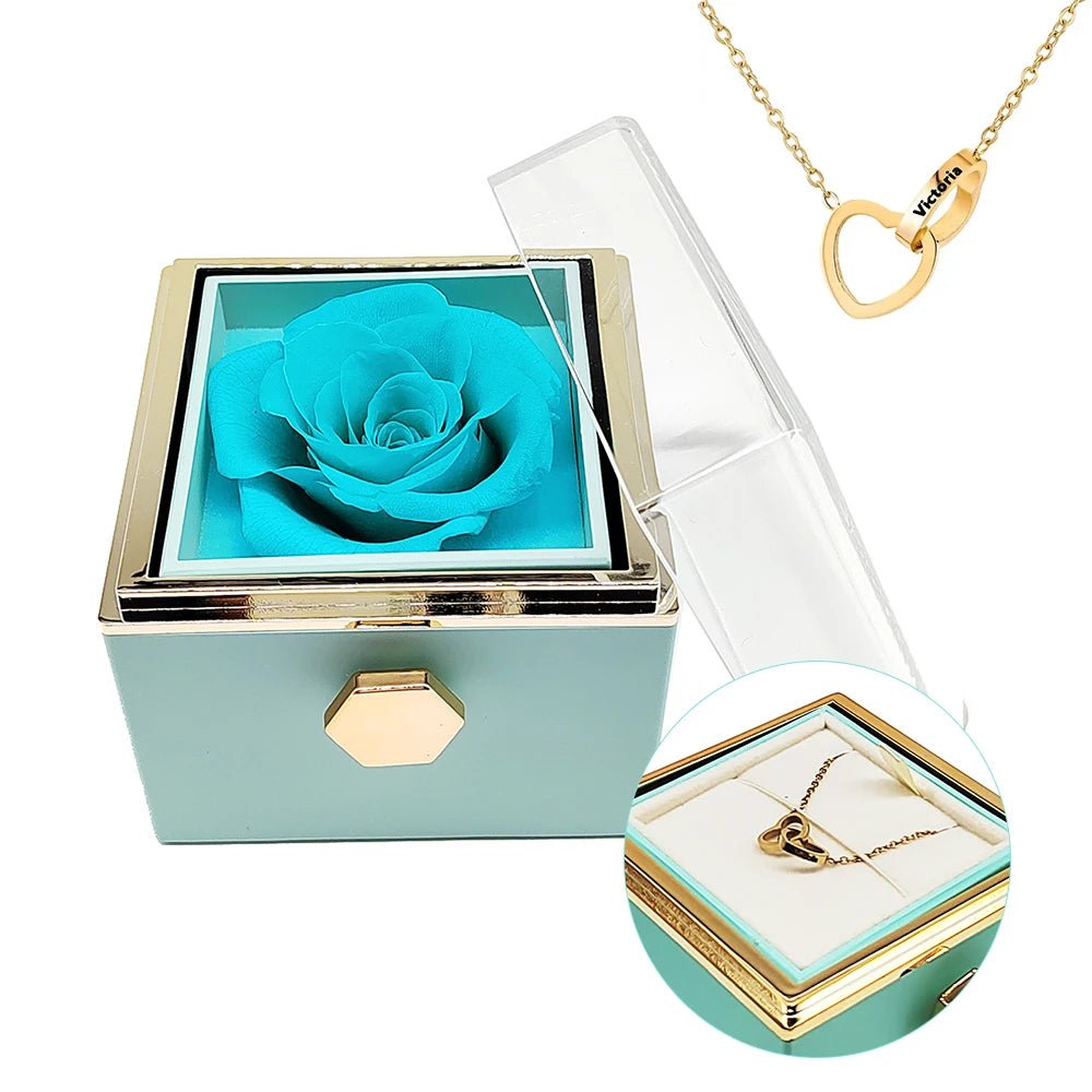 Eternal Rotating Rose Box W/ Engraved Necklace - Sparkly Trees