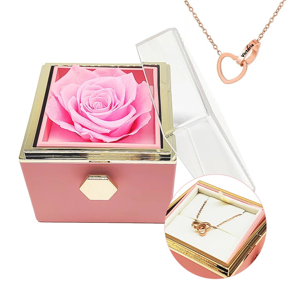 Eternal Rotating Rose Box W/ Engraved Necklace - Sparkly Trees