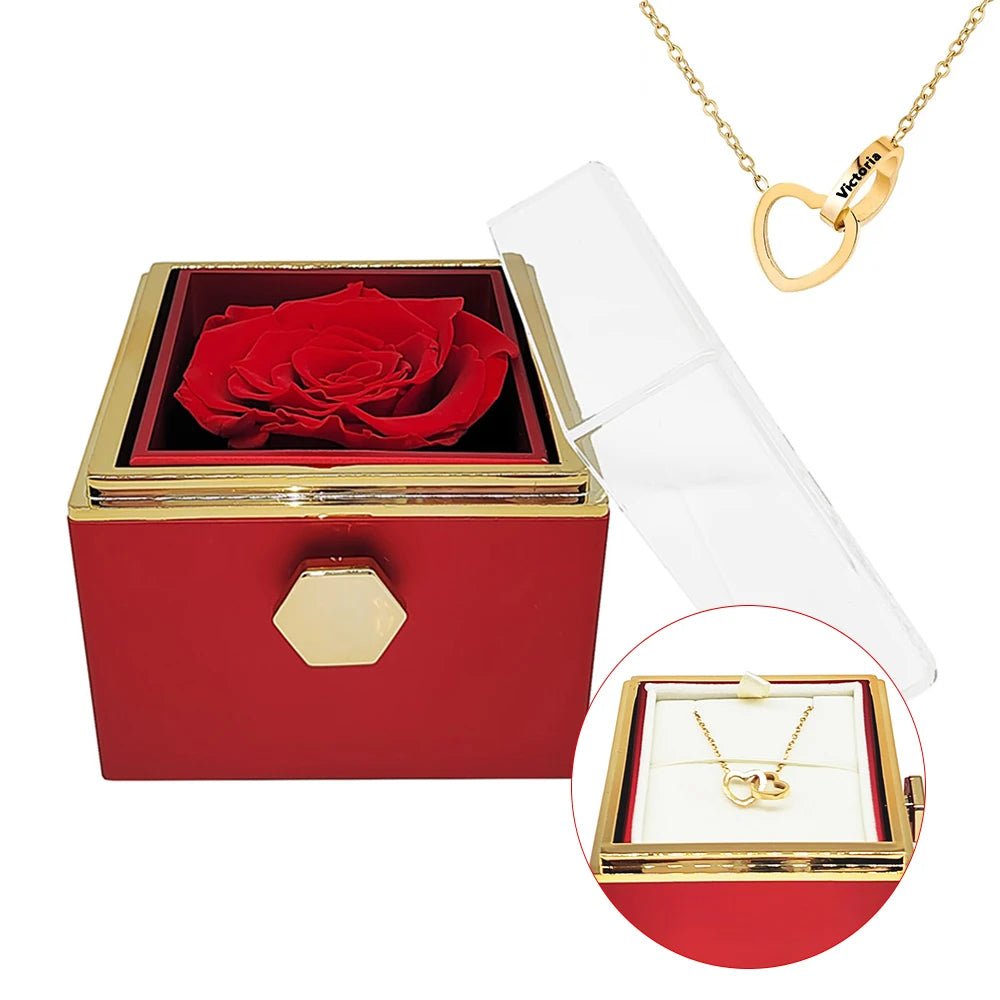 Eternal Rotating Rose Box W/ Engraved Necklace - Sparkly Trees