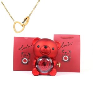 Eternal Rotating Rose Bear W/ Engraved Necklace - Sparkly Trees